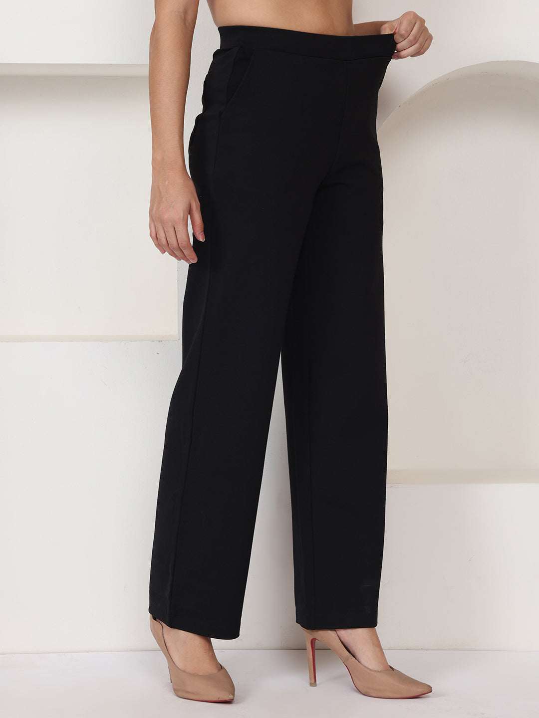 PUELLA Black High-Rise Wide-Leg Formal Pants