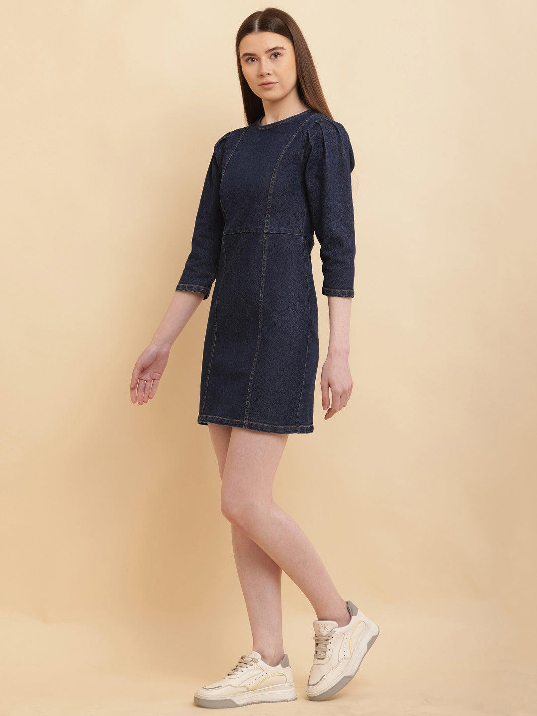 PUELLA Women Dark Blue Solid Denim Mini Dress with Puff Sleeves