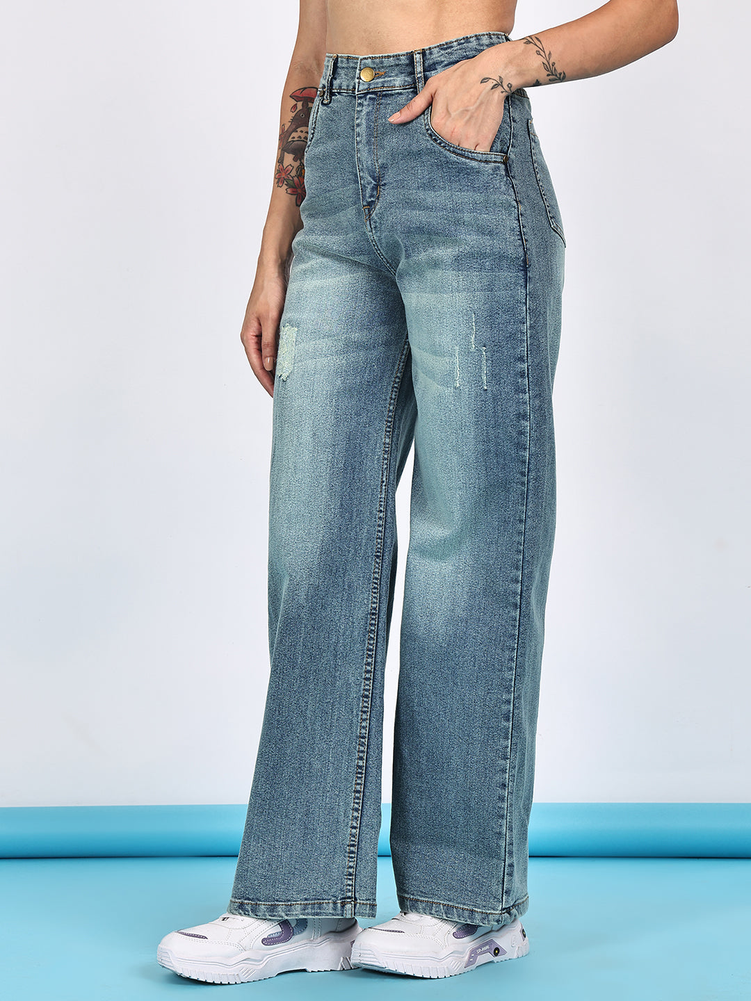 PUELLA Women High-Rise Mid-Blue Distressed Wide-Leg Jeans
