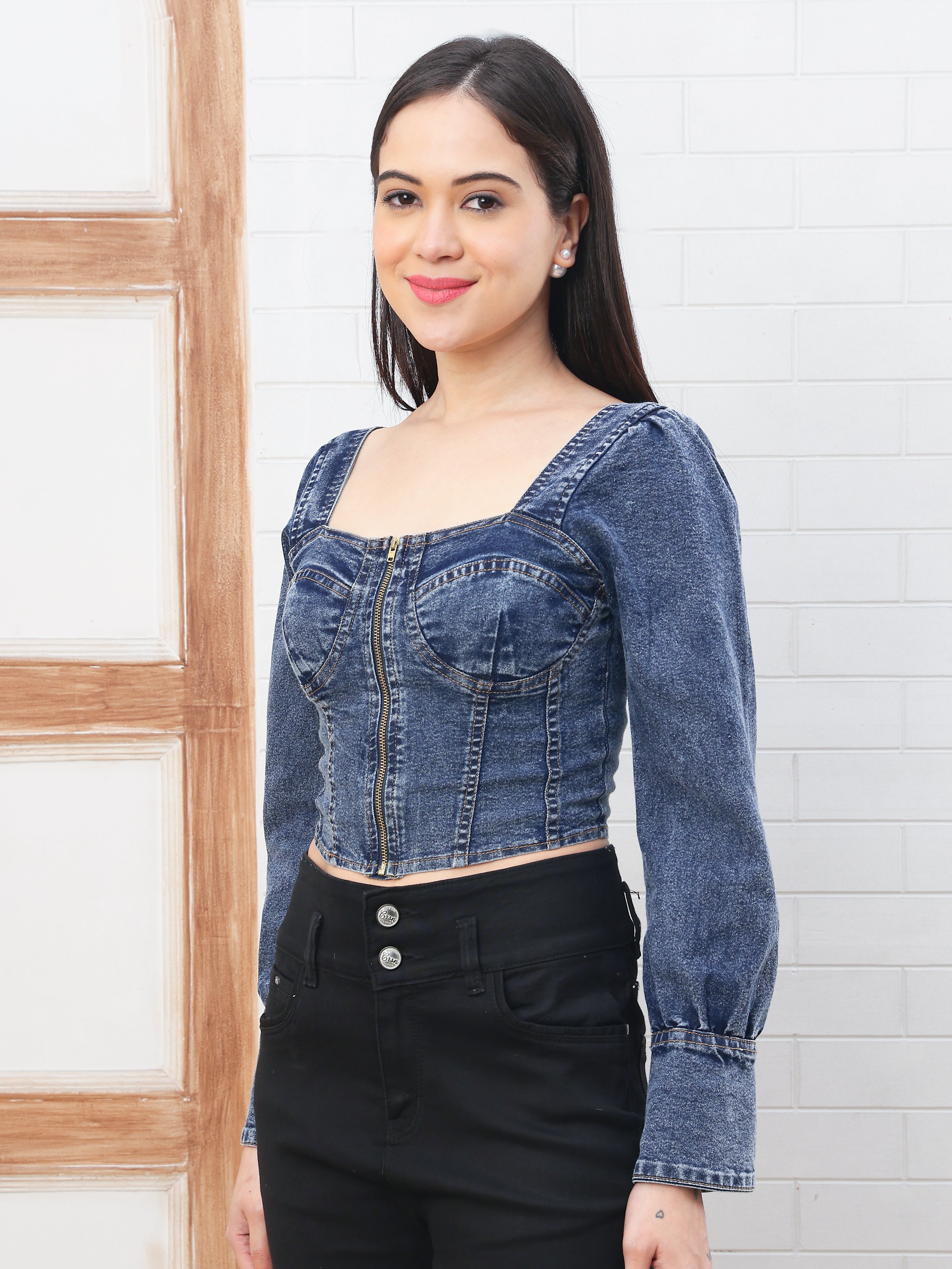 PUELLA Women’s Black Denim Corset Top | Full Sleeve Front Zipper Western Crop Top for Party, Casual & Clubwear