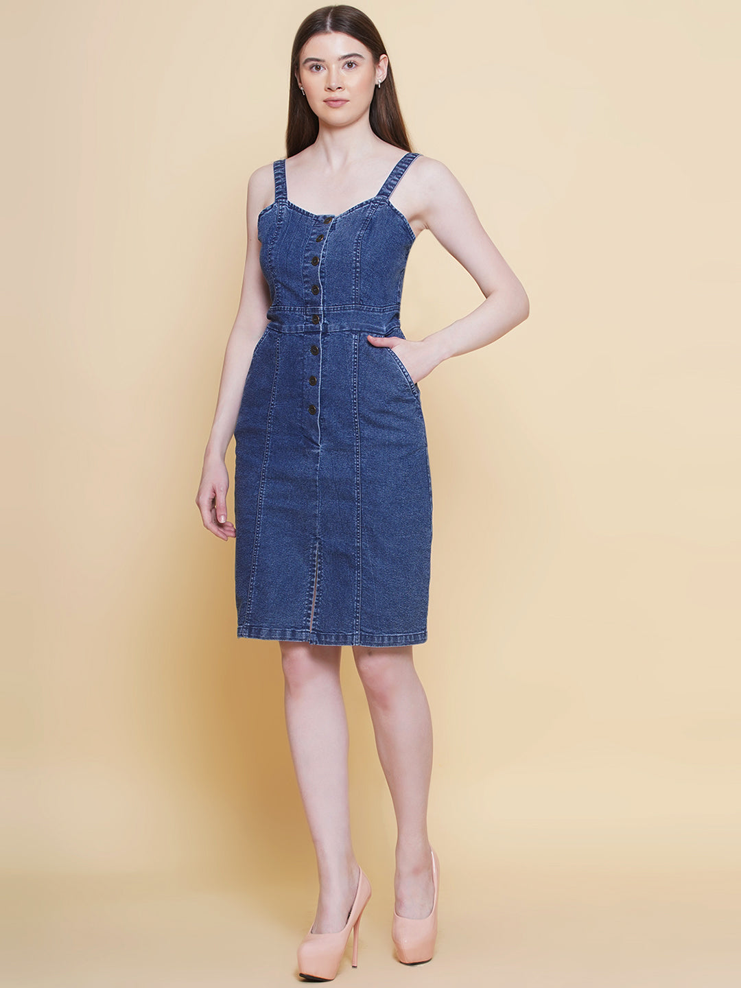 PUELLA Women Blue Denim Button-Down Midi Dress with Slit