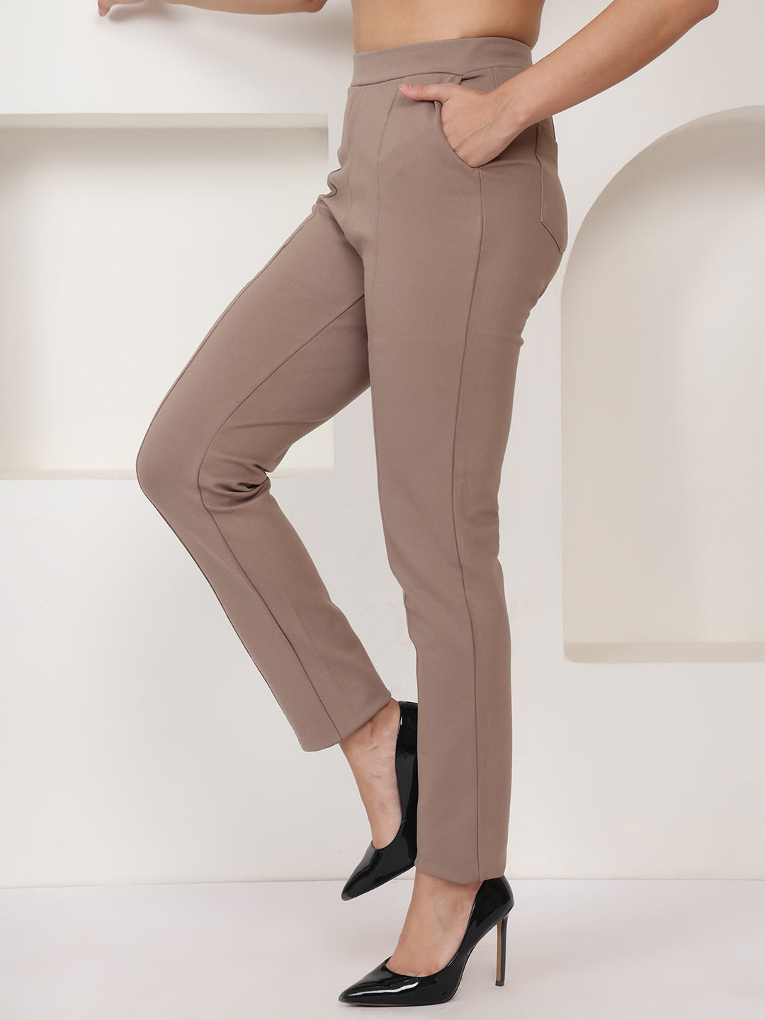 PUELLA Taupe High-Rise Slim Fit Formal Trousers