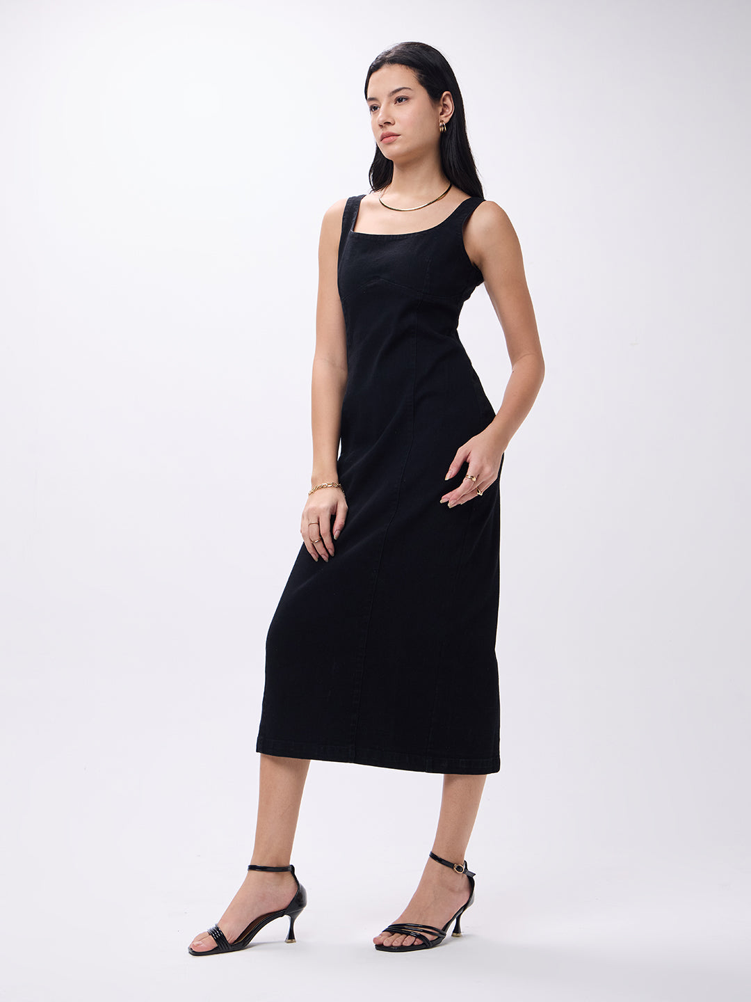 PUELLA Women’s Black Sleeveless Denim Bodycon Midi Dress