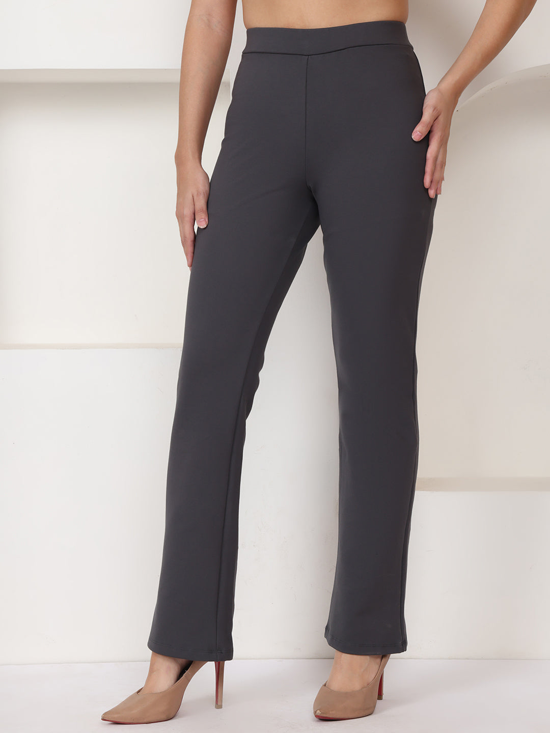 PUELLA Charcoal Knitted Straight-Fit Formal Pant