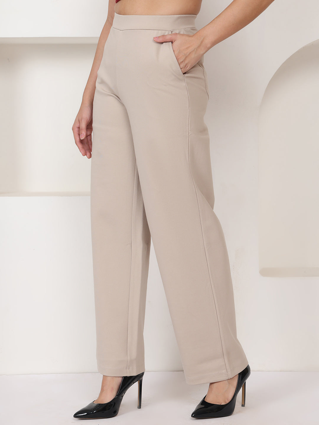 PUELLA Women’s Beige High-Rise Knitted Formal Trousers
