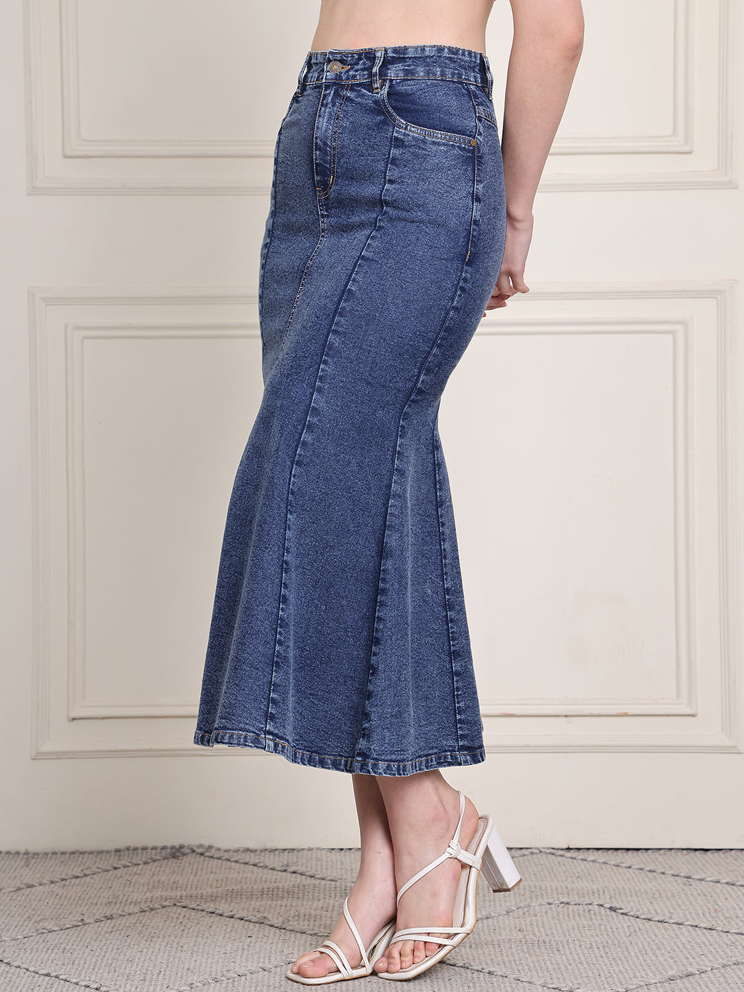 PUELLA Women's Blue Solid Flared Midi Denim Skirt