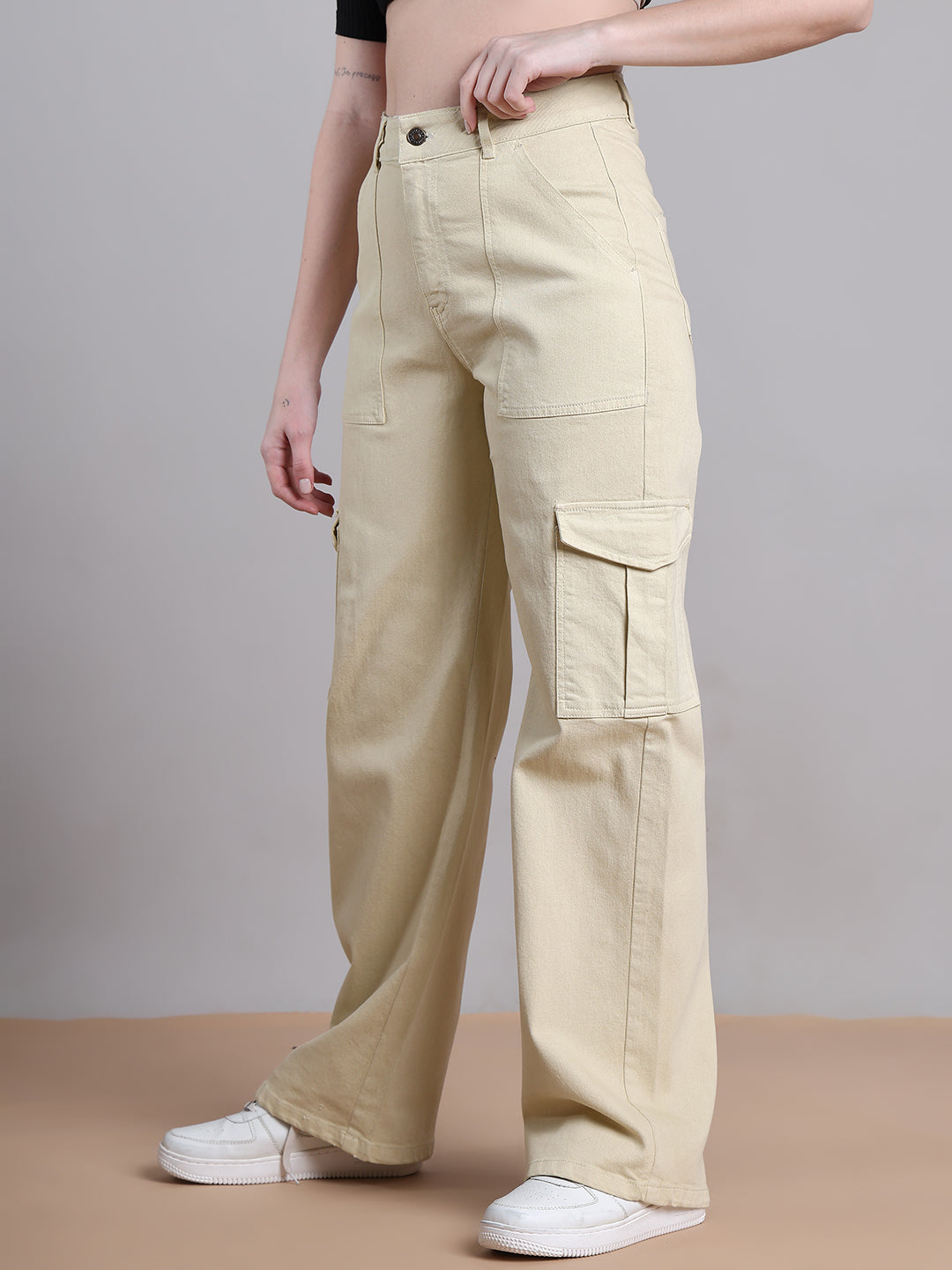 PUELLA Women Beige High-Rise Cargo Wide-Leg Jeans