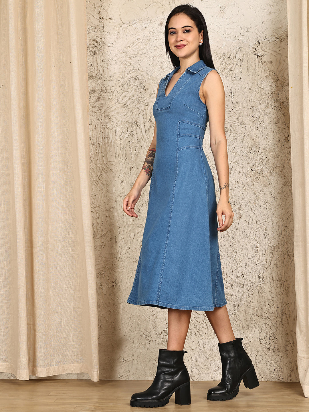 PUELLA Women’s Sleeveless Denim Midi Dress with Collar Neck