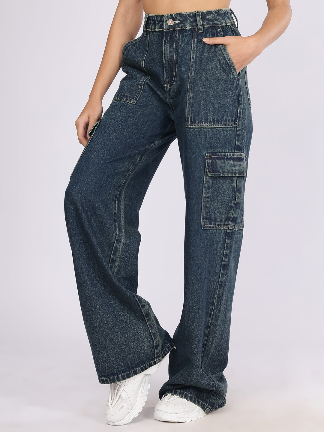 Women’s Dark Blue High-Rise Baggy Cargo Denim Jeans