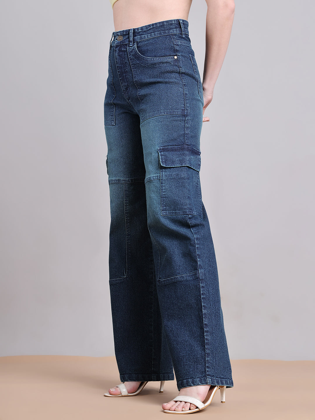 PUELLA Women Dark Indigo High-Rise Utility Cargo Wide-Leg Jeans