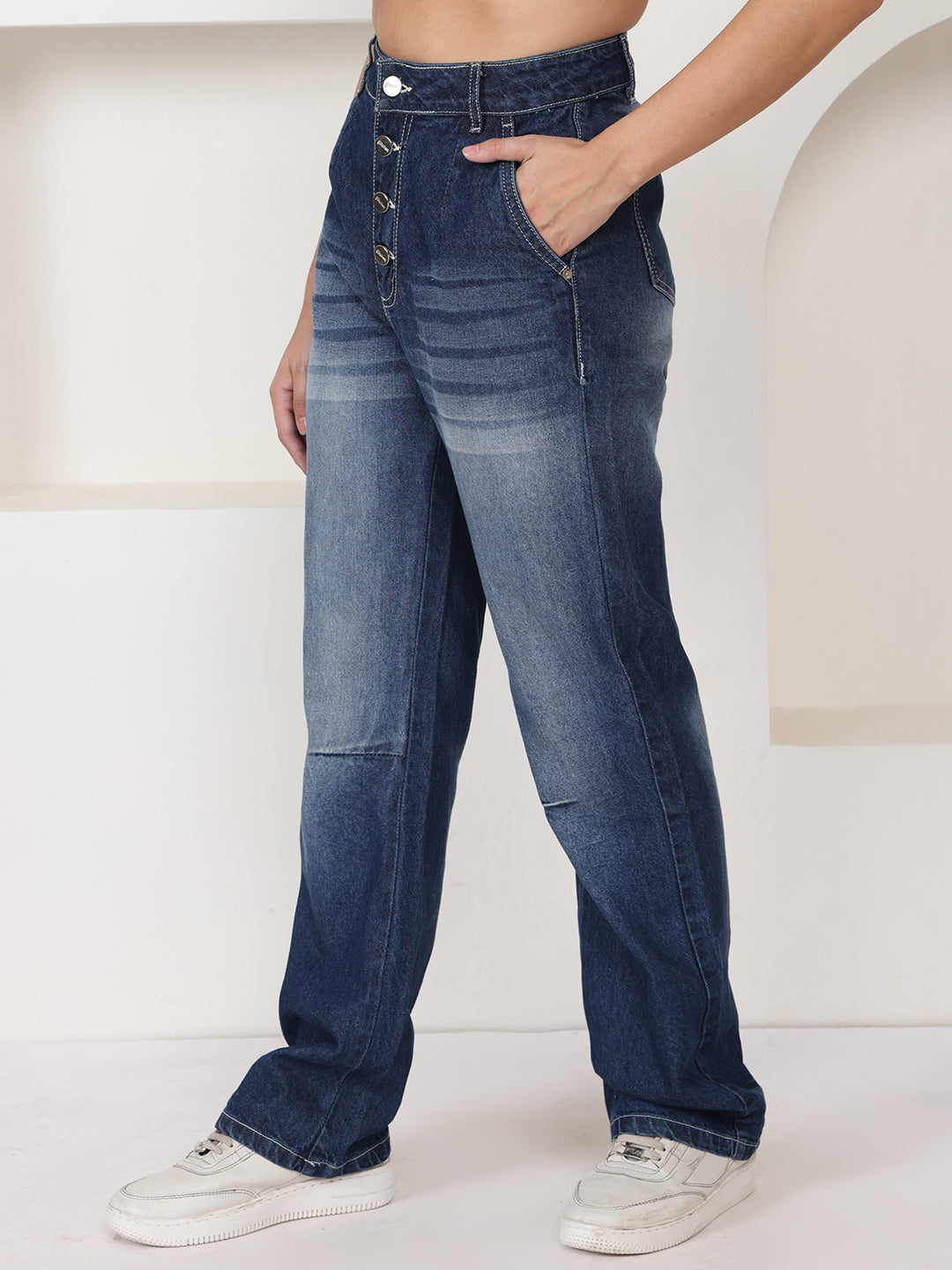 PUELLA Women Medium Blue Light-Fade High-Rise Regular Fit Jeans