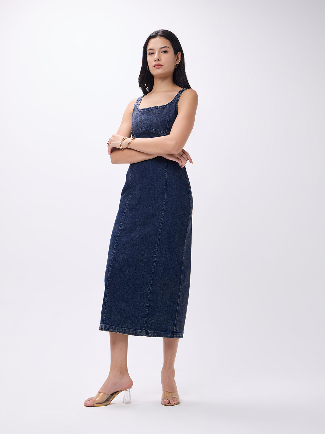PUELLA Women’s Dark Blue Denim Bodycon Midi Dress