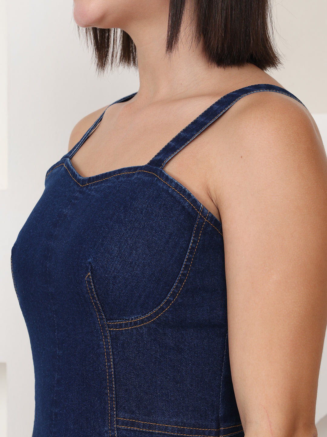 PUELLA Navy Blue Solid Denim A-Line Midi Dress