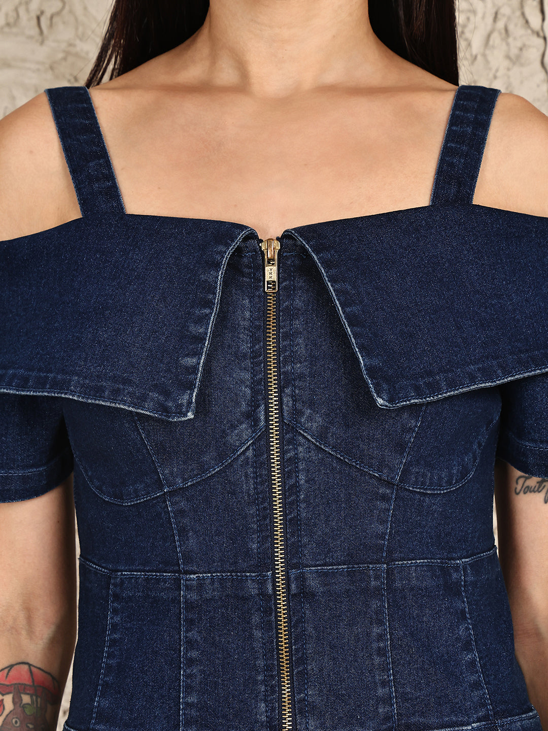 PUELLA Women’s Off-Shoulder Fit & Flare Denim Dress with Front Zip