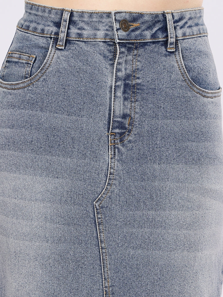 Women’s Mid Blue Denim Pencil Skirt with Front Slit