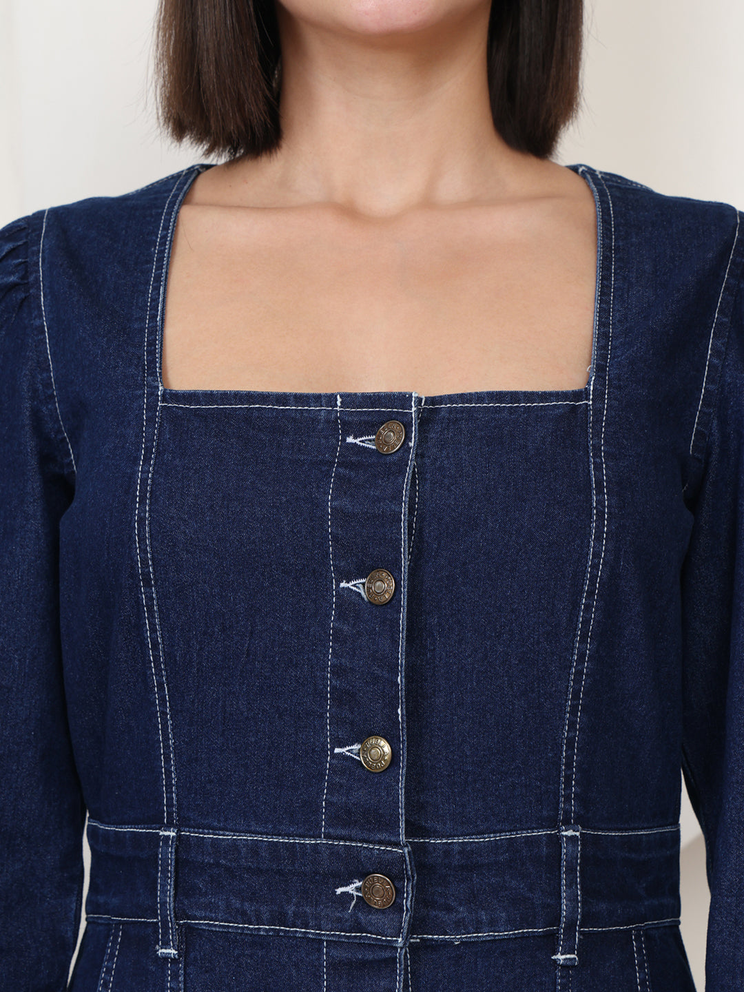 PUELLA Women Navy Blue Denim Square Neck Midi Sheath Dress