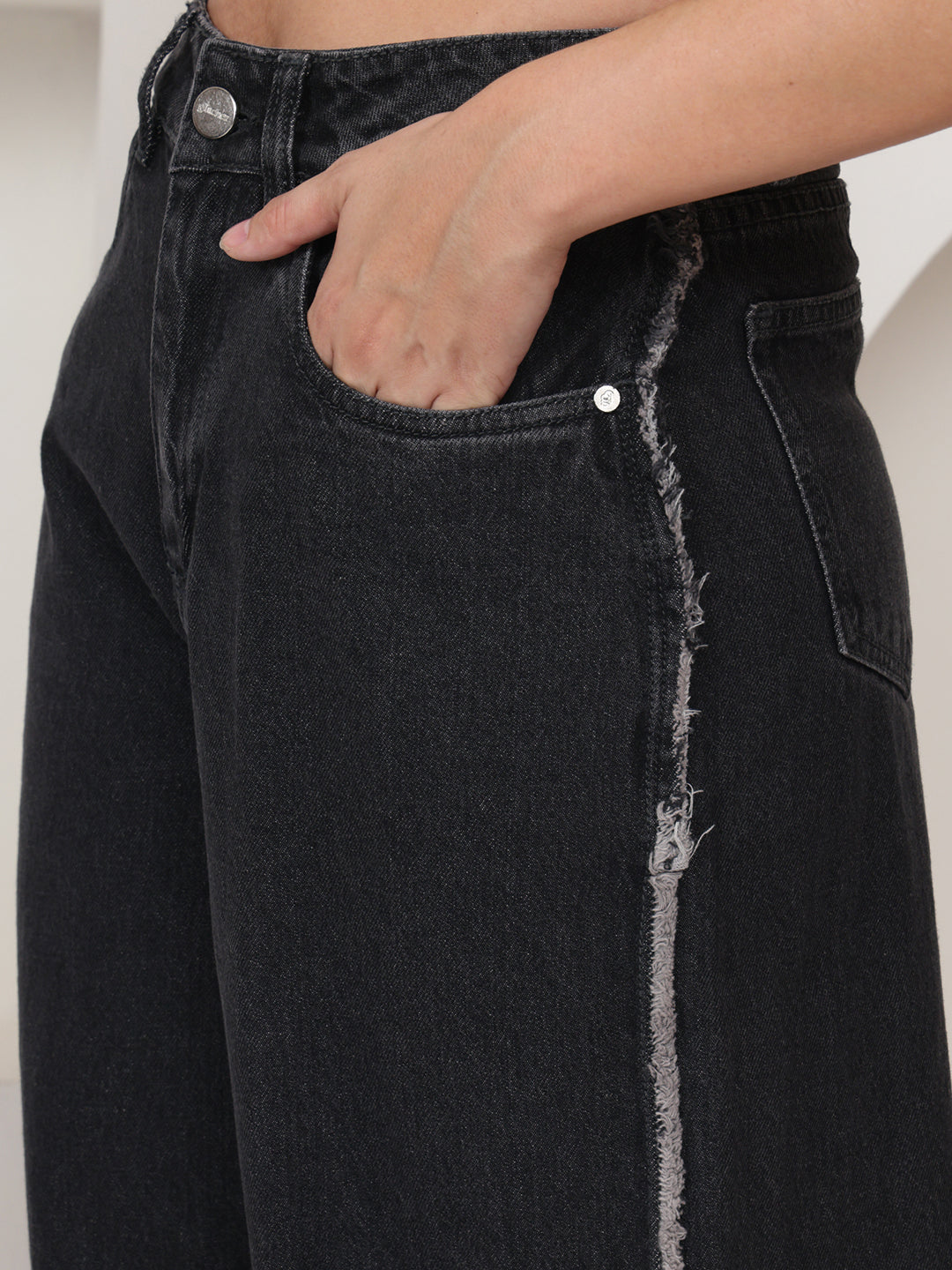 PUELLA Women Dark Black High-Rise Wide Leg Jeans with Light Fade & Raw Side Detailing