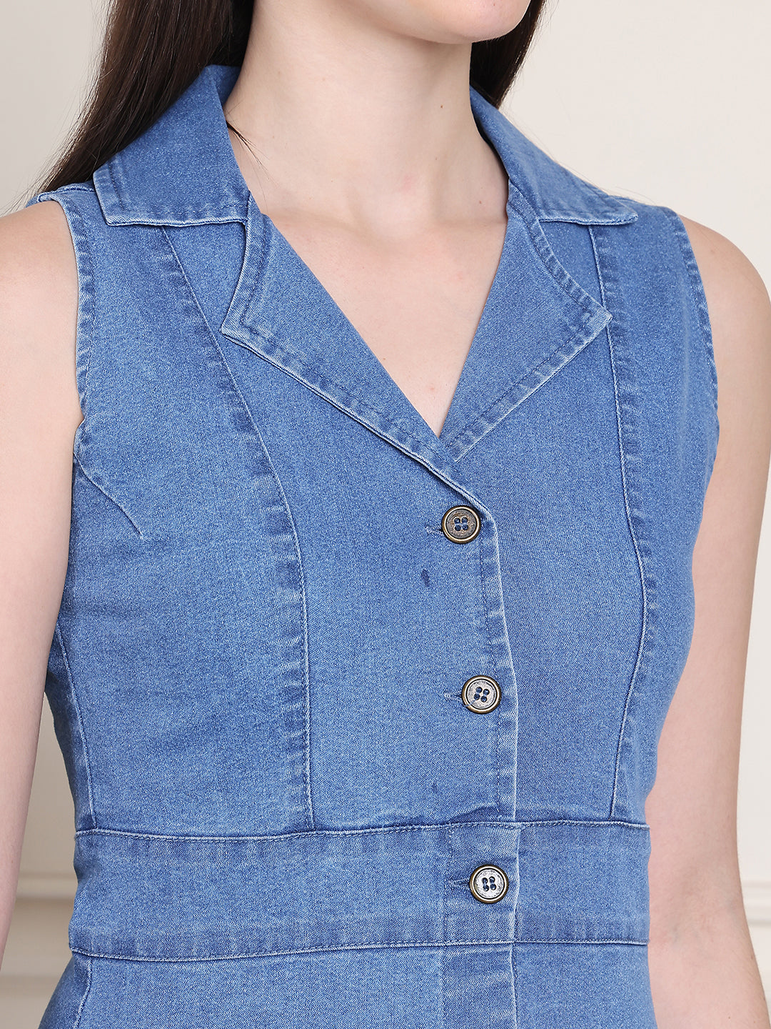 PUELLA Women’s Light Blue Sleeveless Denim Collared A-Line Midi Dress