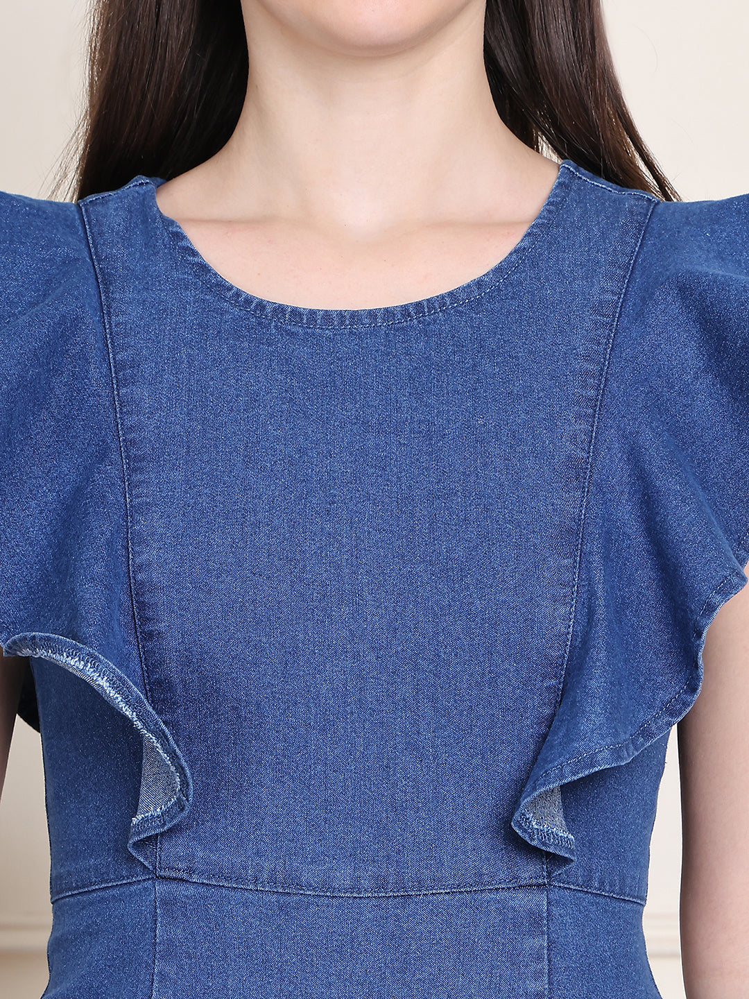 PUELLA Women’s Ruffle Sleeve Denim Mini Dress with Flared Hem