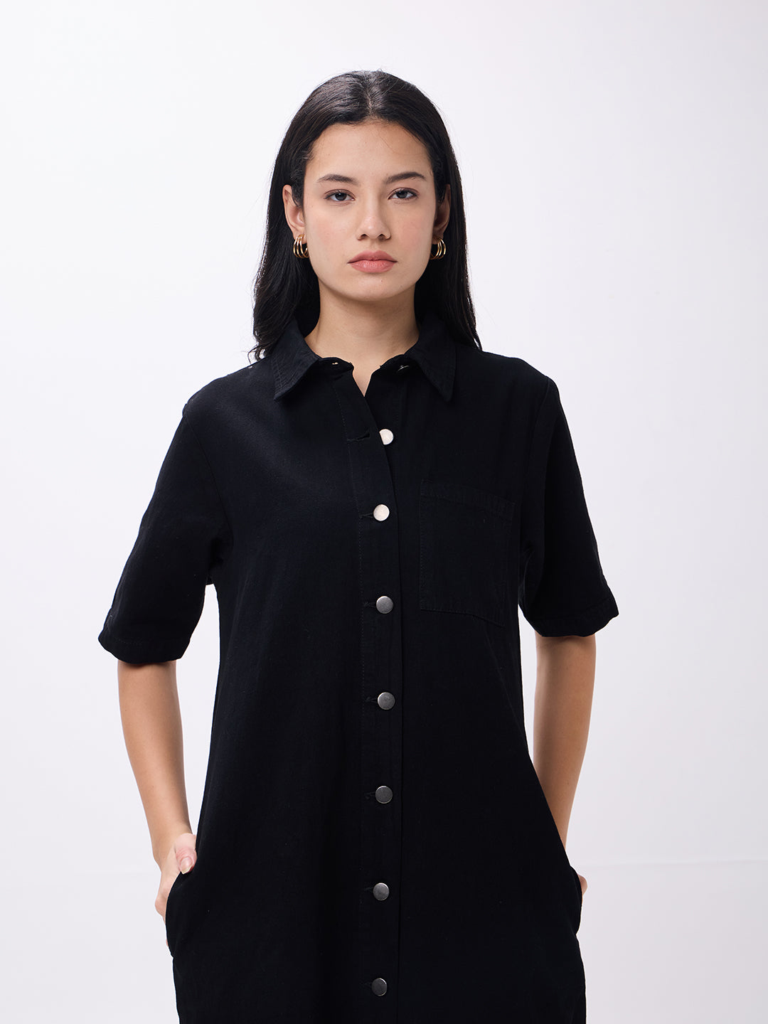 PUELLA Women’s Black Denim Shirt Dress with Half Sleeves & Button-Down Front
