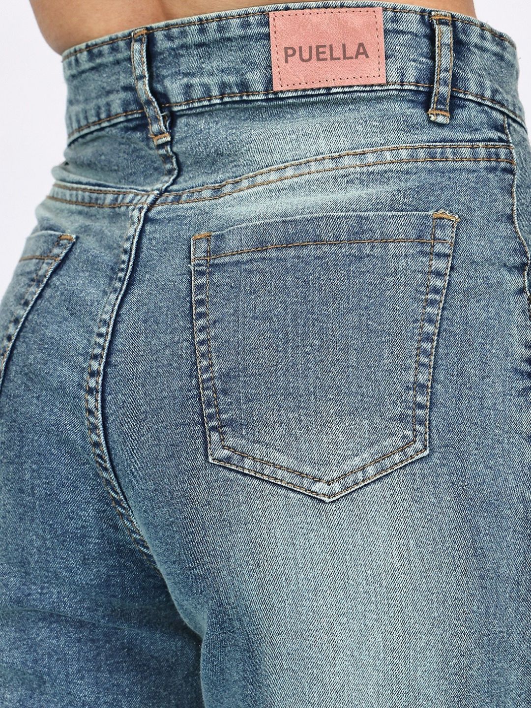 PUELLA Women High-Rise Mid-Blue Distressed Wide-Leg Jeans