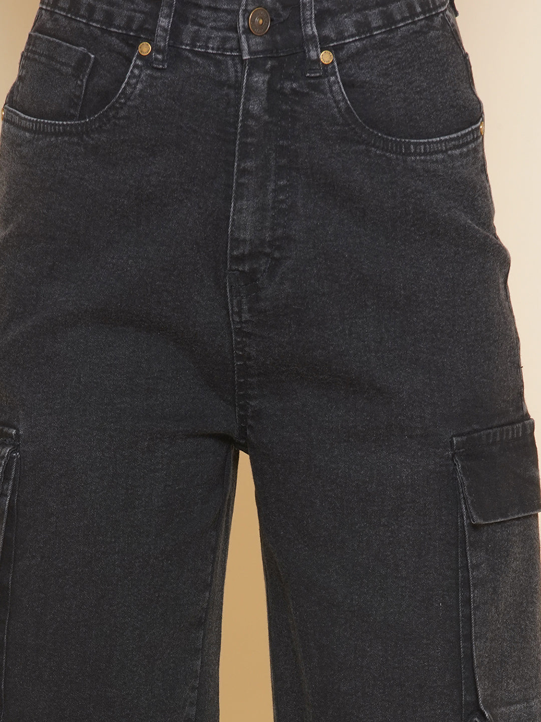 PUELLA Women’s High Rise Cargo Straight Fit Jeans – Black / Dark Blue