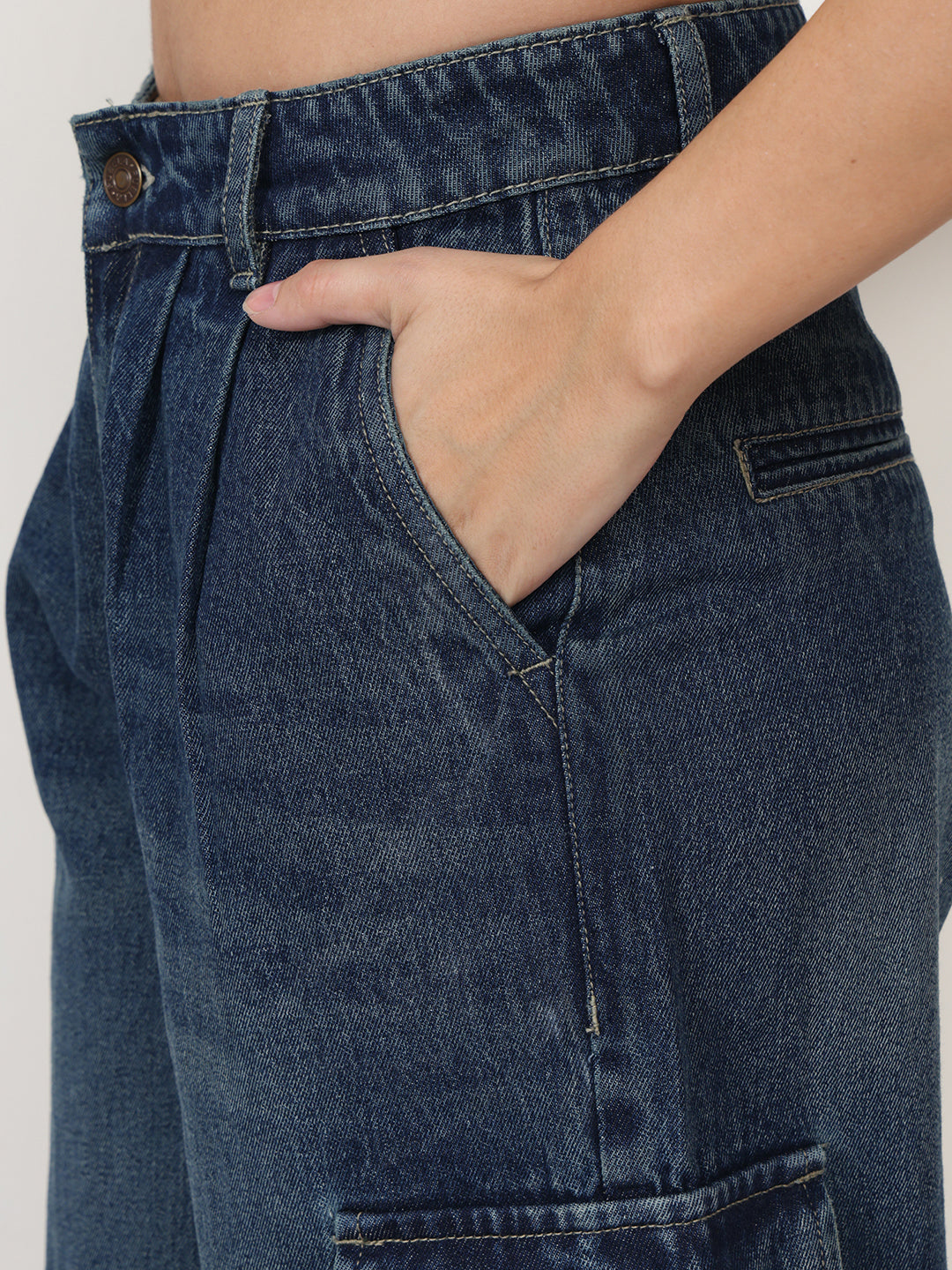 PUELLA Women Dark Blue Light-Fade High-Rise Baggy Cargo Jeans