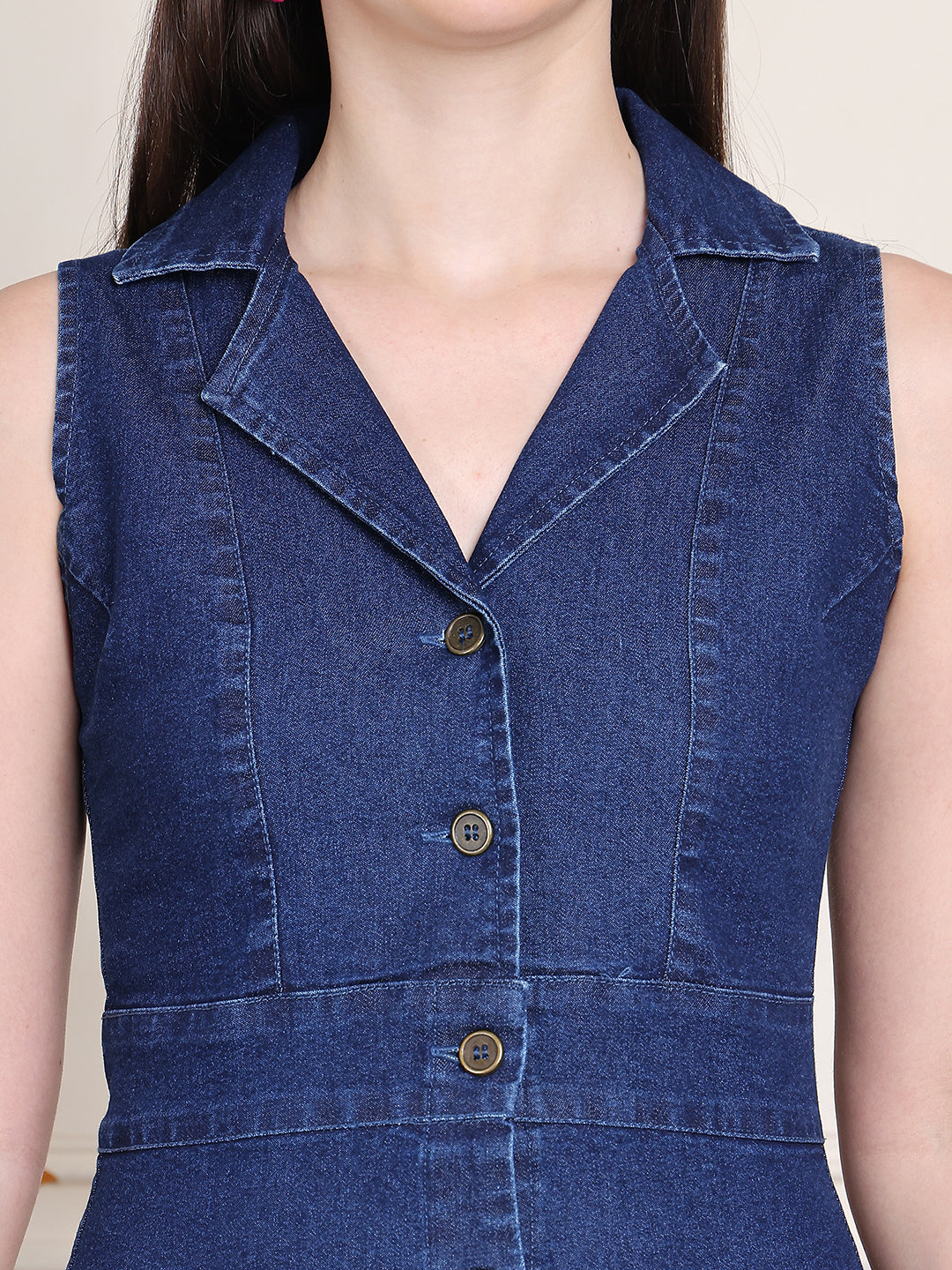 PUELLA Women’s Sleeveless Denim Collared A-Line Midi Dress with Button-Down Front