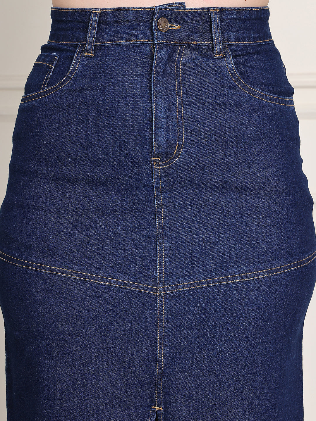 PUELLA Women's Blue Solid A-Line Midi Denim Skirt