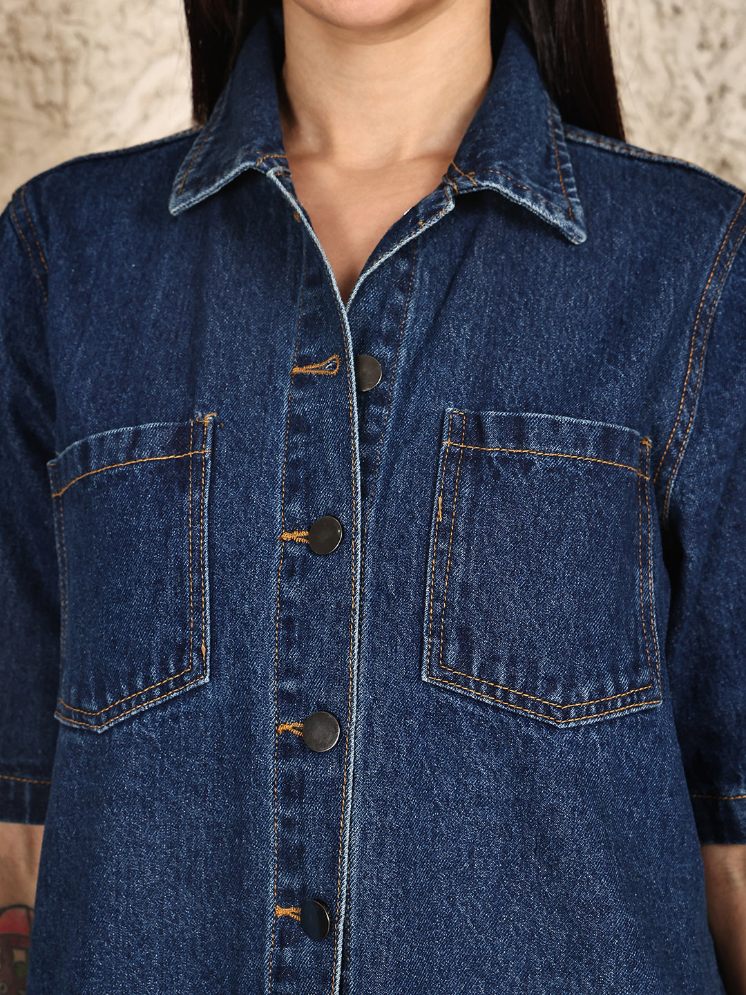 PUELLA Women’s Dark Blue Denim Shirt Top | Half Sleeve Button Down Casual Denim Shirt for Women