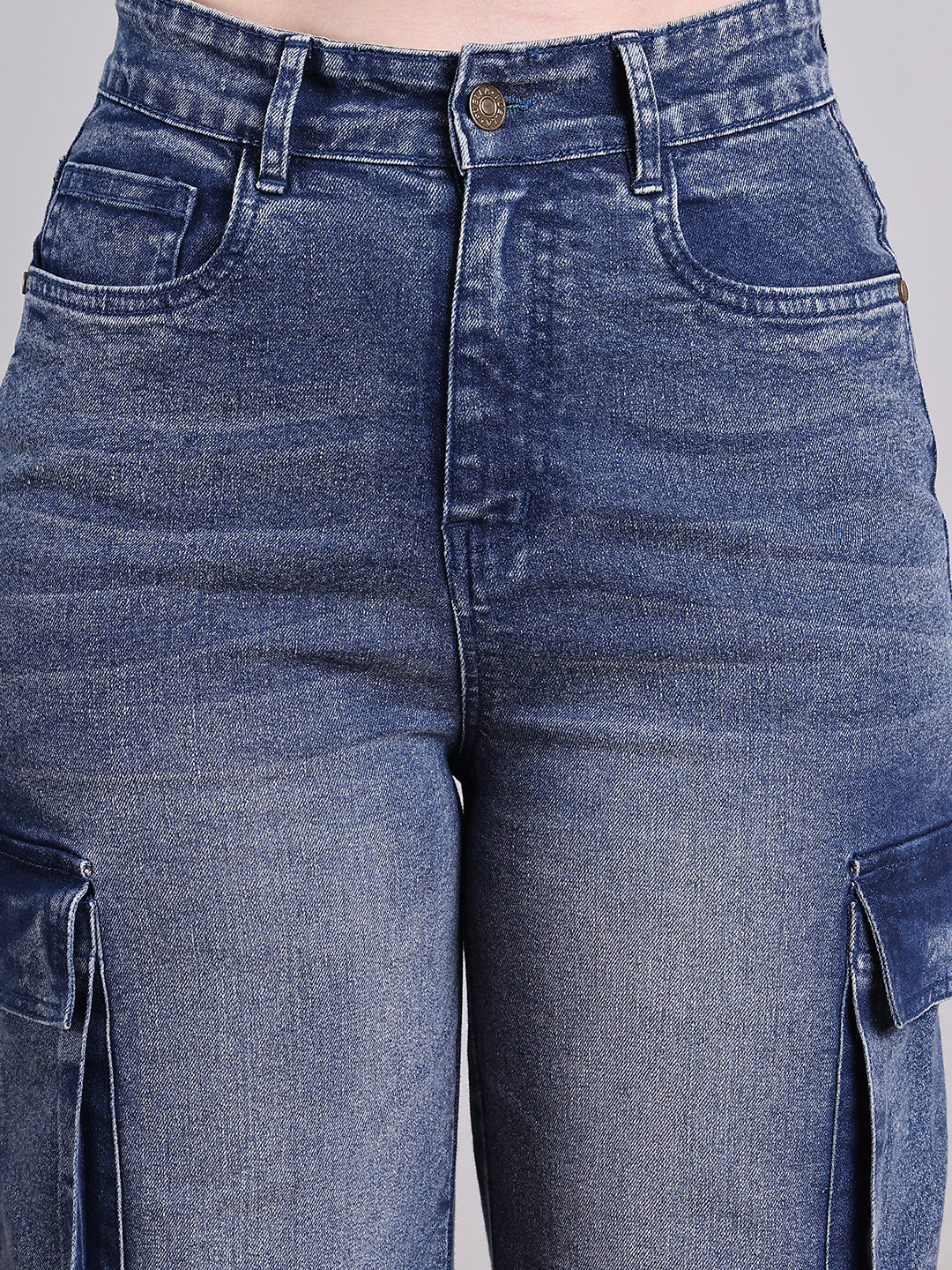 PUELLA Women Dark Blue High-Rise Multi-Pocket Cargo Wide-Leg Jeans