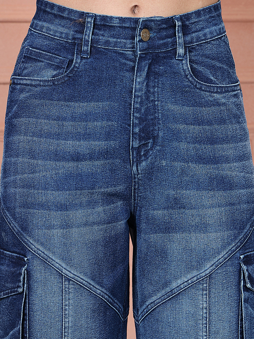 PUELLA Women Blue Washed High-Rise Wide-Leg Cargo Jeans