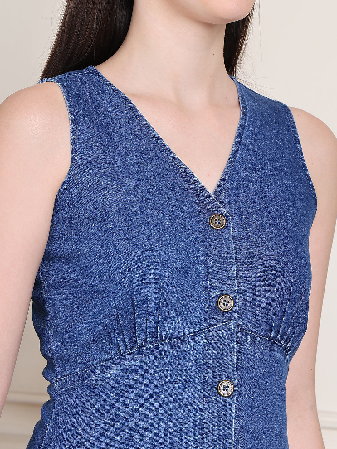 PUELLA Women’s Sleeveless Denim A-Line Midi Dress with Button-Down Front