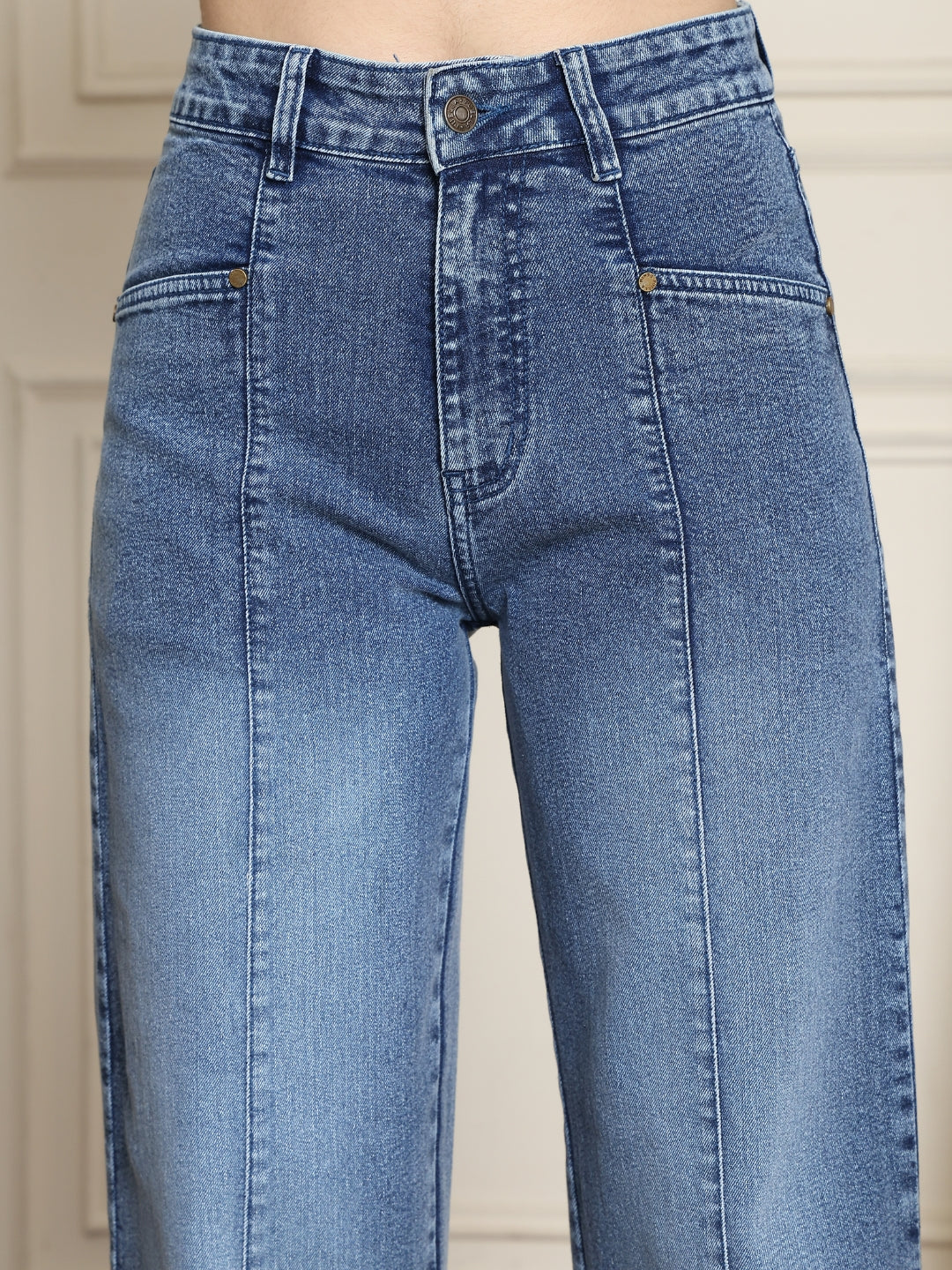 PUELLA Women High-Rise Light Blue Wide-Leg Jeans with Front Seam Detailing