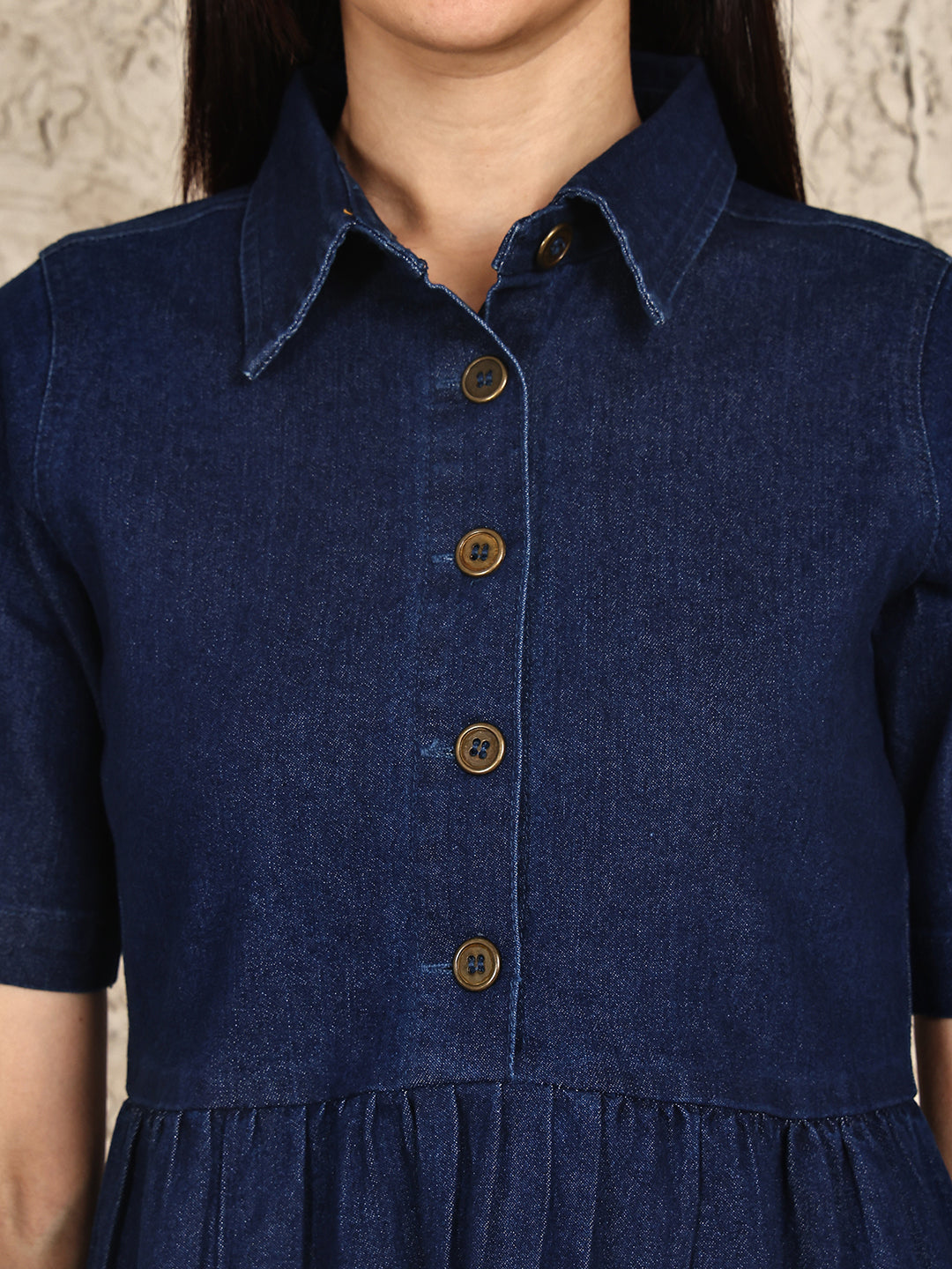 PUELLA Women’s Tiered Denim Shirt Dress with Half Sleeves & Button-Down Front