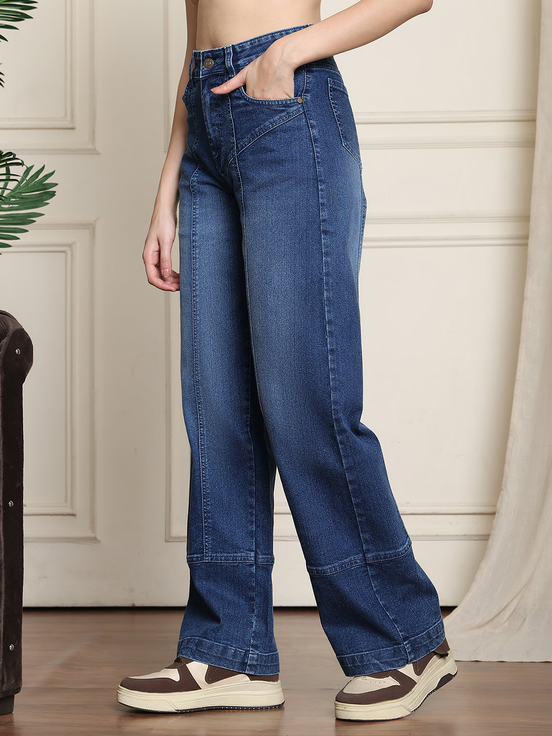 PUELLA Women High-Rise Dark Blue Panelled Wide-Leg Jeans