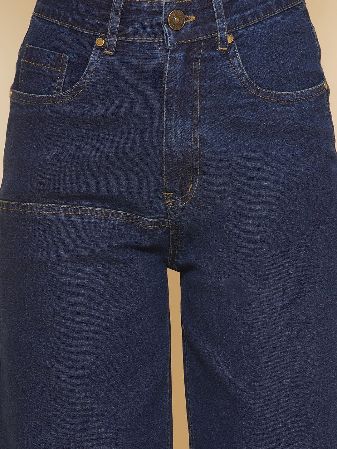 PUELLA Women’s High-Rise Loose Straight Fit Jeans – Dark Blue Patch Stitch Denim