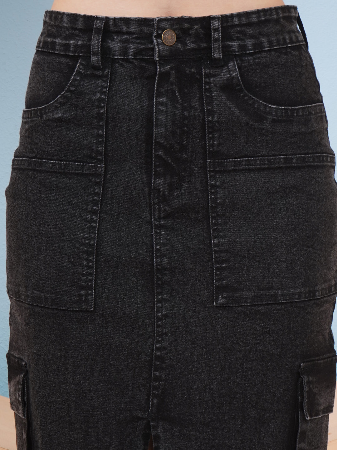 PUELLA Women’s charcoal High-Rise Cargo Style Denim Skirt with Front Slit