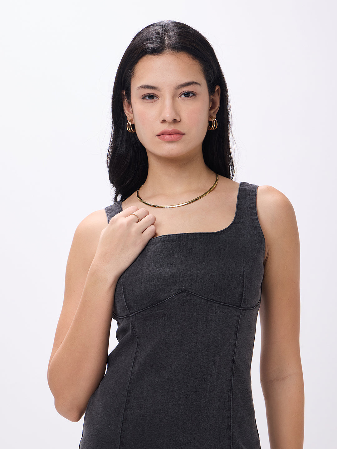 PUELLA Women's Black Denim Bodycon Midi Dress with Square Neck & Back Slit