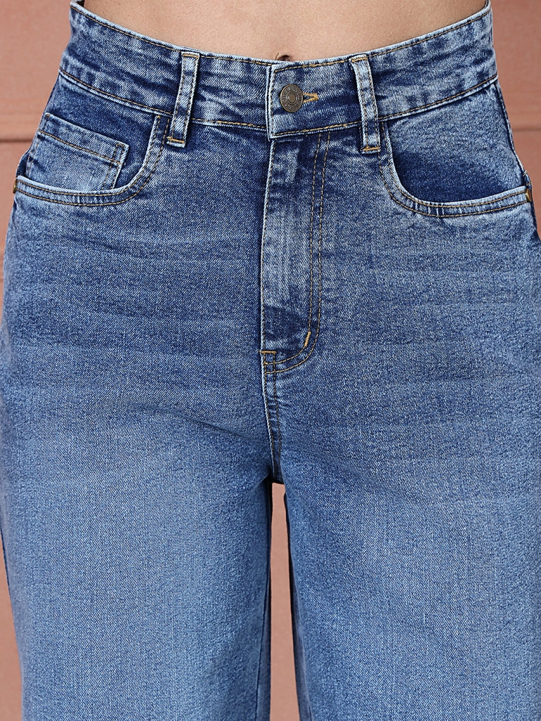 PUELLA Women Mid-Blue High-Rise Wide-Leg Jeans