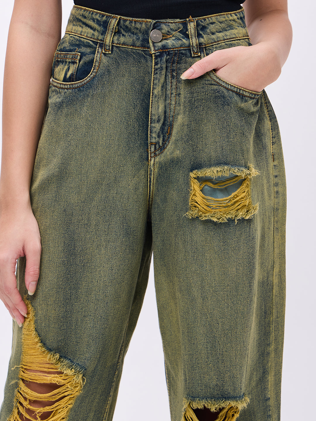 PUELLA Women High-Rise Olive Distressed Wide-Leg Jeans