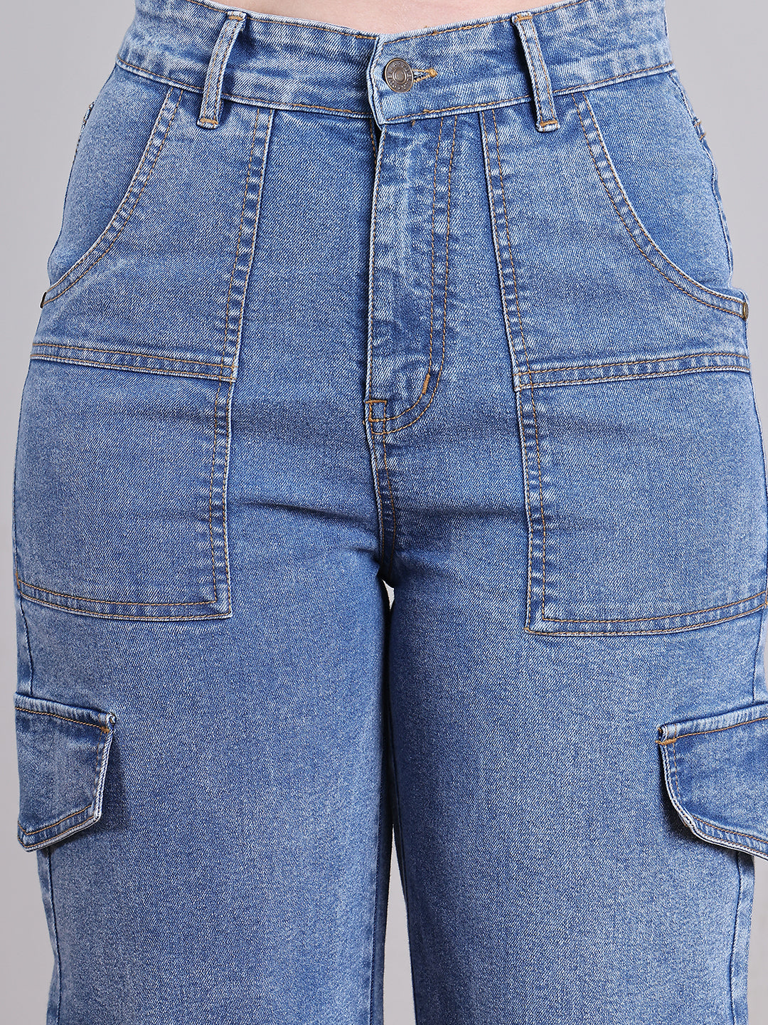 PUELLA Women Light Blue High-Rise Utility Cargo Wide-Leg Jeans