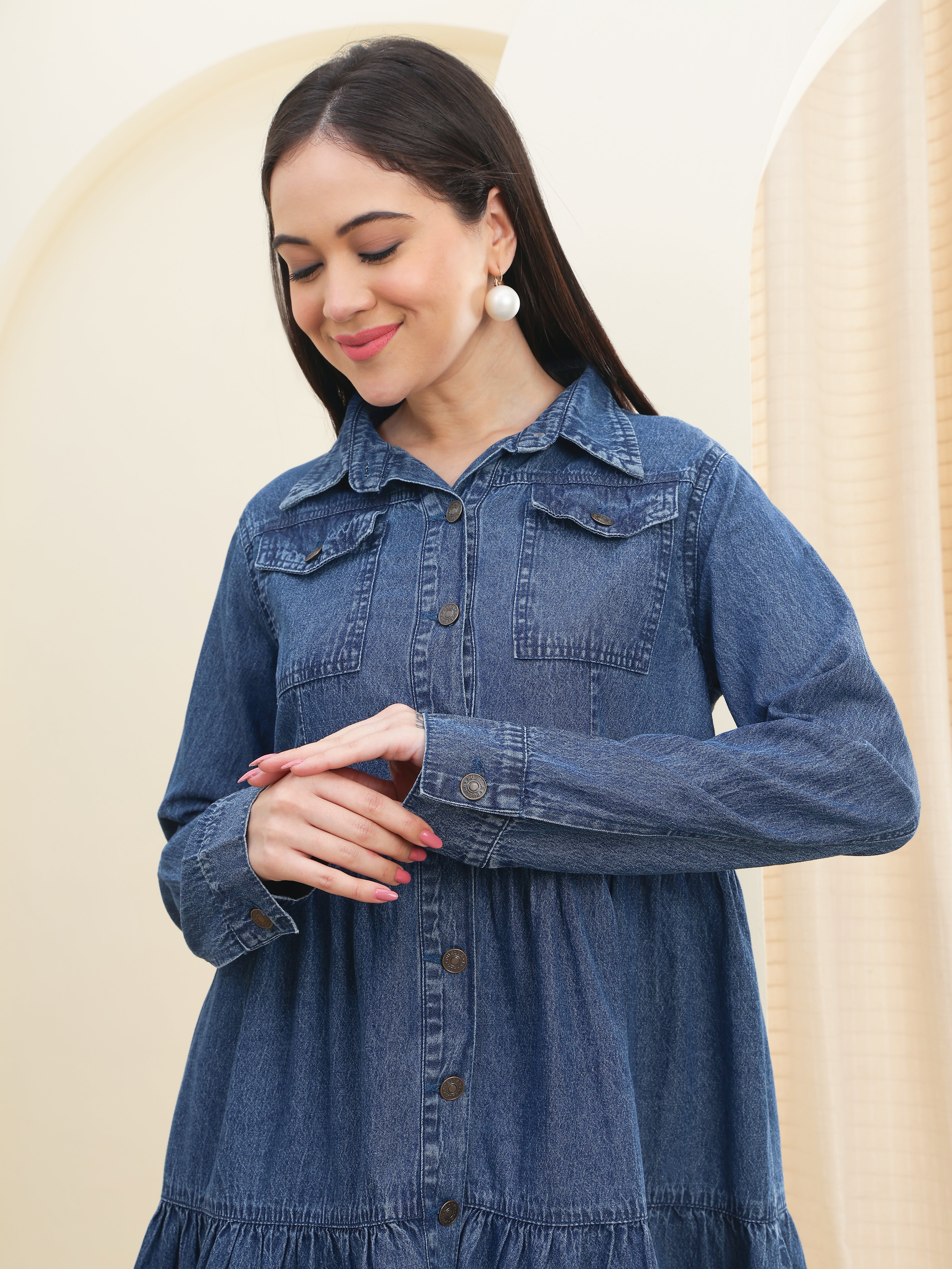 DOZER Mid Blue Denim Tiered Shirt Dress