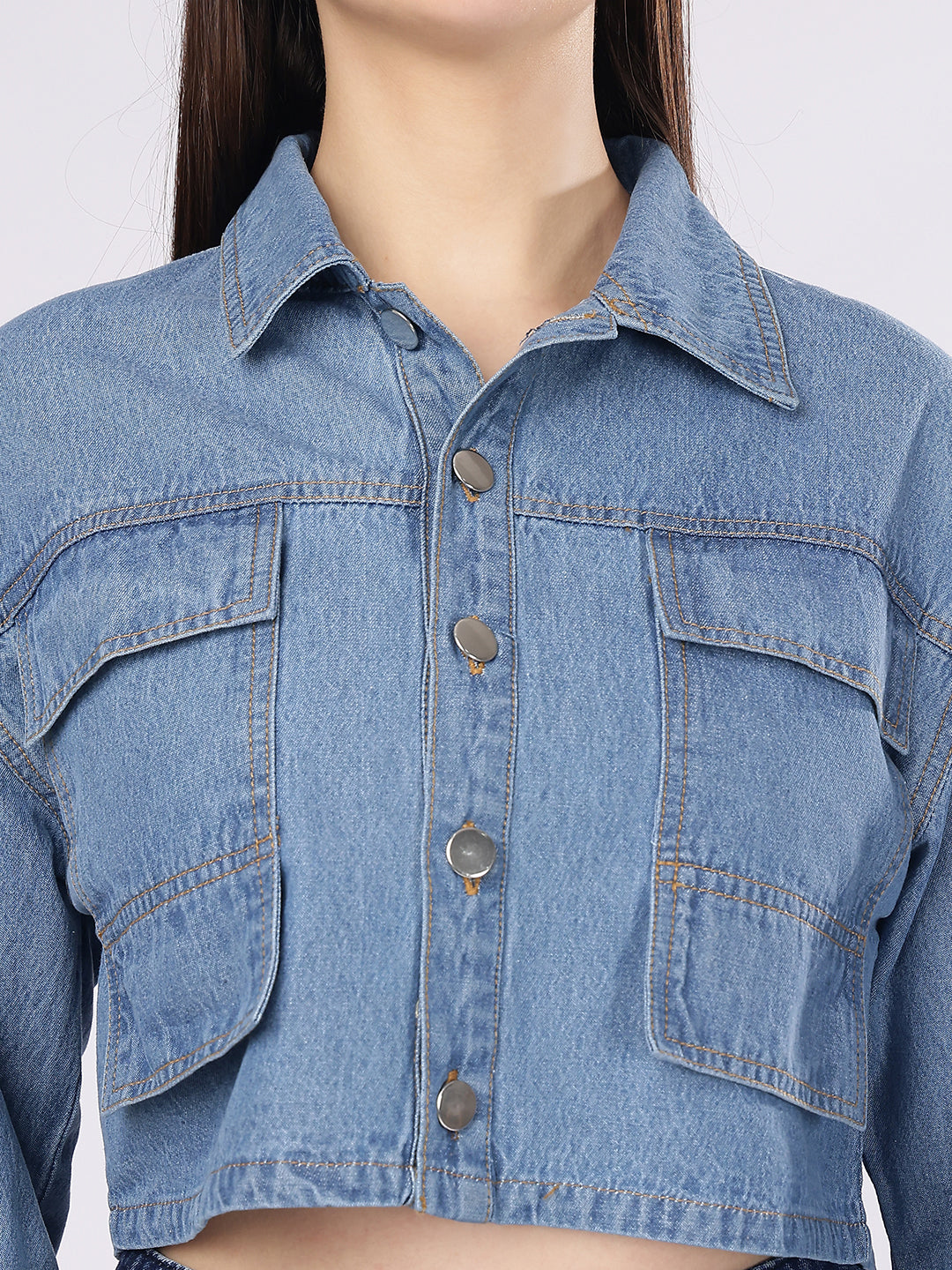 PUELLA Women's Light Blue Boxy Fit Cropped Denim Shirt
