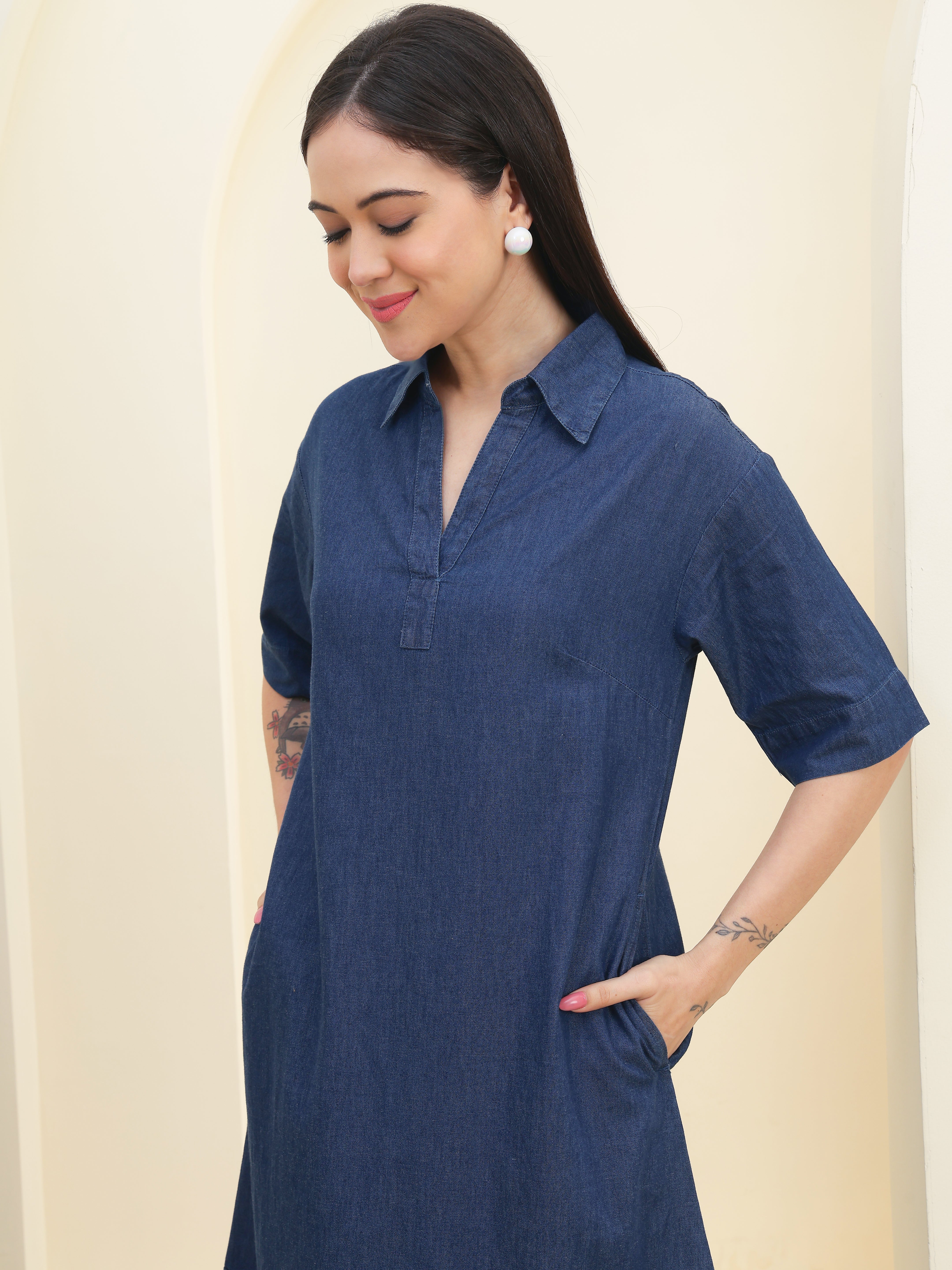 DOZER Dark Blue Denim Shift Midi Dress