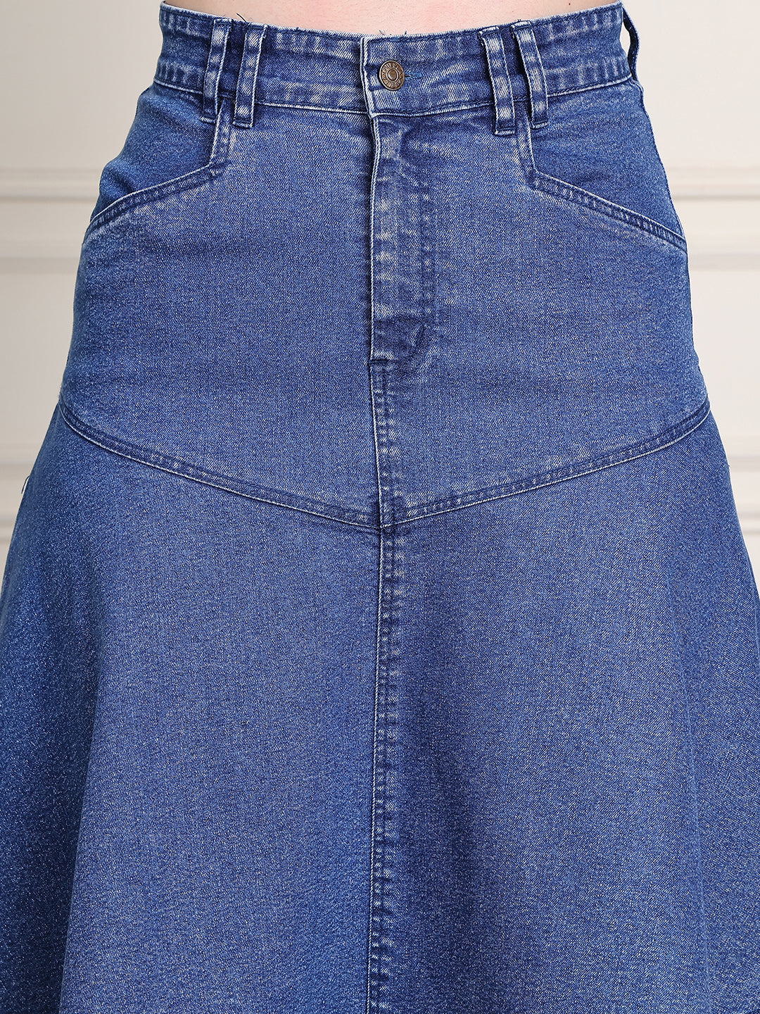 PUELLA Women's Blue Solid Flared Knee-Length Denim Skirt