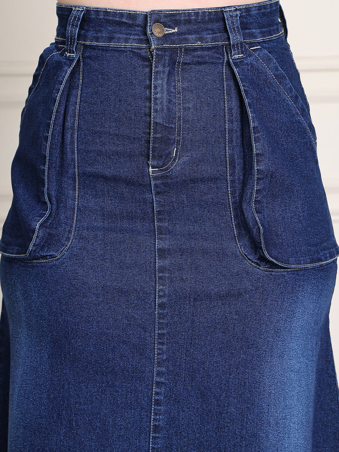 PUELLA Women's Blue Solid A-Line High-Low Denim Midi Skirt