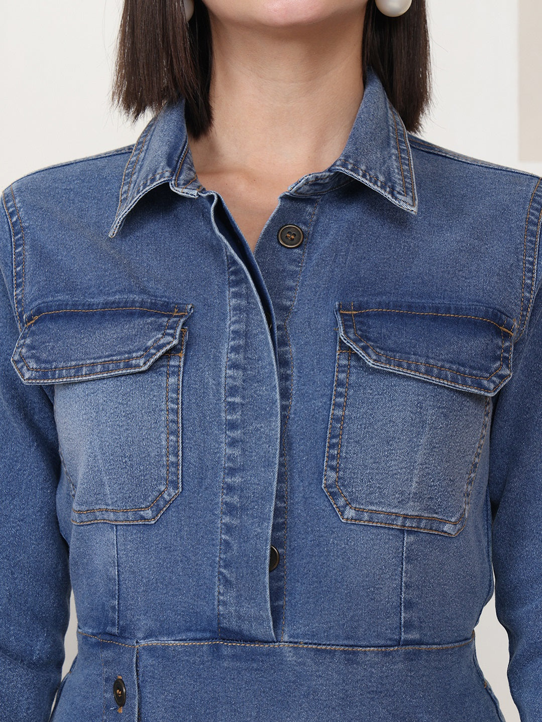 PUELLA Women Blue Stretch Denim Utility Shirt Dress