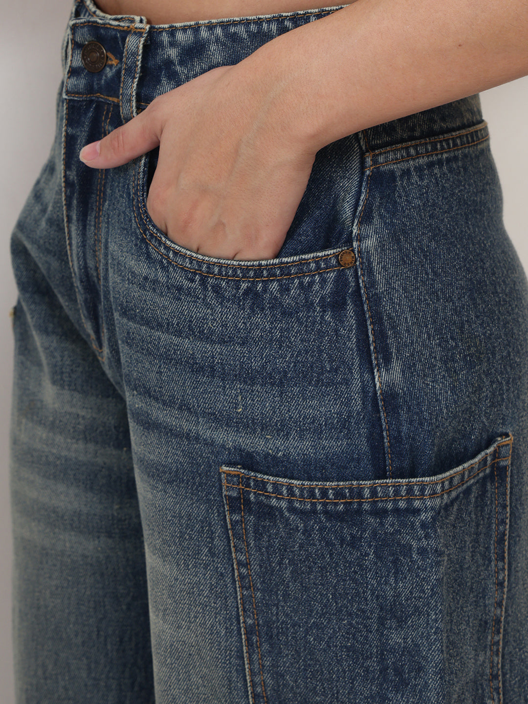 PUELLA Women Medium Blue Light-Fade High-Rise Baggy Cargo Jeans