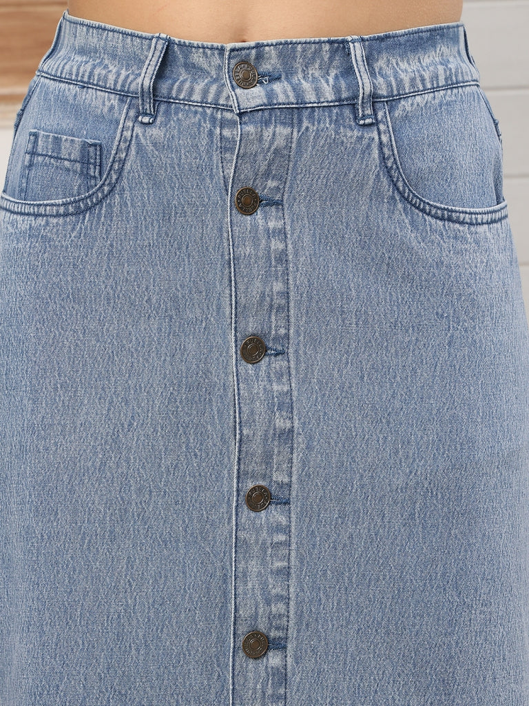 Women’s Light Blue Button-Down Tiered Denim Maxi Skirt